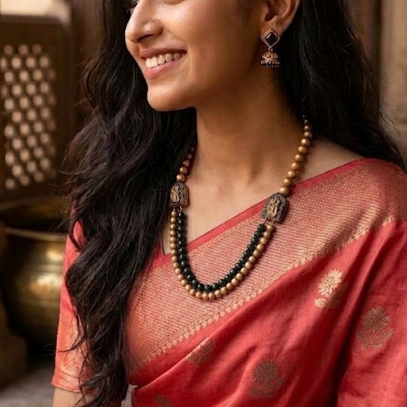 Traditional Black & Gold Beaded Temple Jewelry Necklace Set – Womens Jewelry Sets on Brown Living™. SKU: KOTT-T006. Img 1.