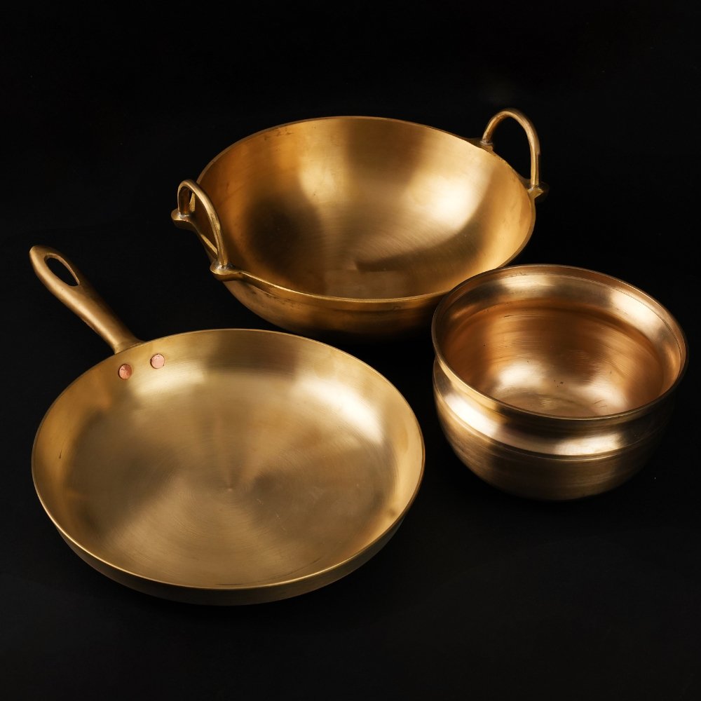 Traditional Bronze/ Kansa Combo (Kadai+ Sauté Pan+ Pana) – Cookware on Brown Living™. SKU: Traditional Bronze/Kansa Combo - 4300g - packof3. Img 1.