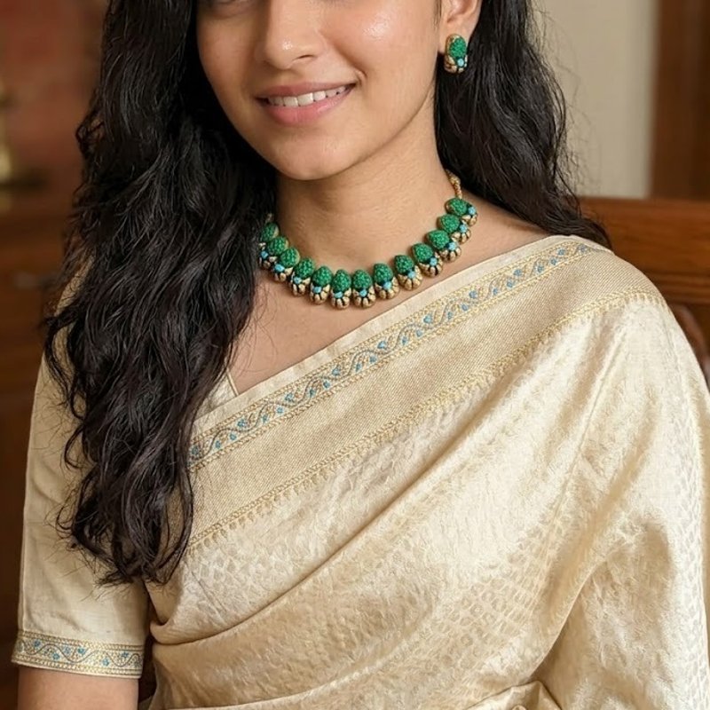 Traditional Green Stone Temple Jewellery Necklace Set with Earrings – Womens Jewelry Sets on Brown Living™. SKU: KOTT-T009. Img 1.