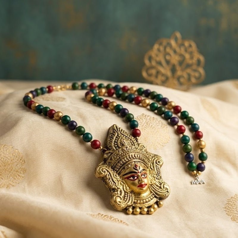 Traditional Temple Goddess Pendant Multicolor Beaded Necklace – Womens Necklaces on Brown Living™. SKU: KOTT-T007. Img 2.