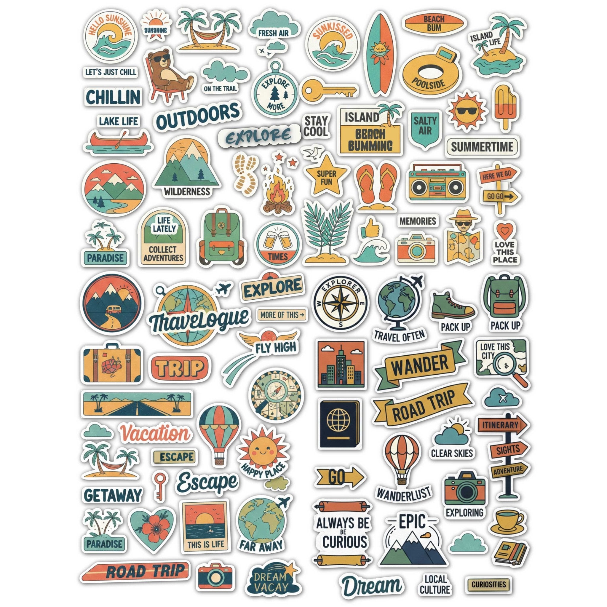 Travel Holiday Road Trip Stickers for Luggage, Bottle, Bags, Accessori – Stationery on Brown Living™. SKU: 21-CA25-TravelStickers. Img 1.