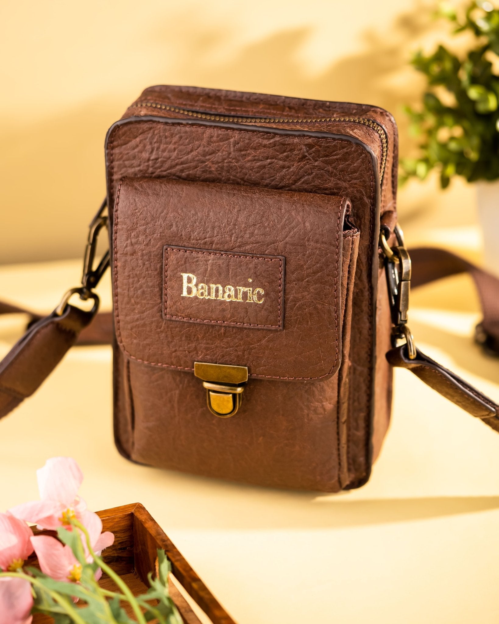 Travel Sling Bag | Banana Fibre Vegan Leather | Eco - Friendly Bag – Sling Bag on Brown Living™. SKU: RCBAGBANARIC02ABR. Img 5.