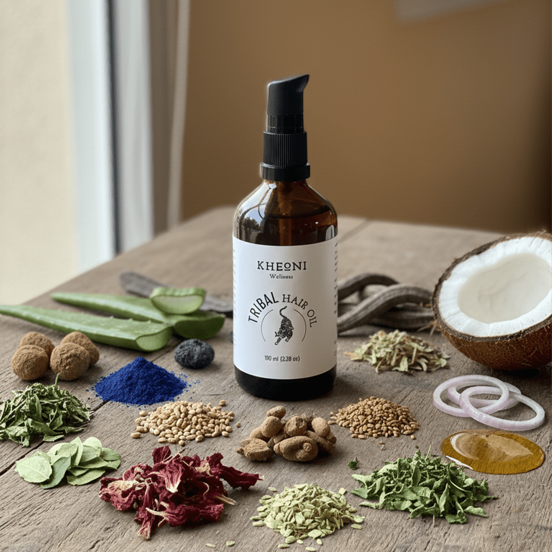 Tribal Hair Oil | Ayurvedic Hair Oil for Hair Growth – Hair Oil on Brown Living™. SKU: kh_triblhairoil_01. Img 2.