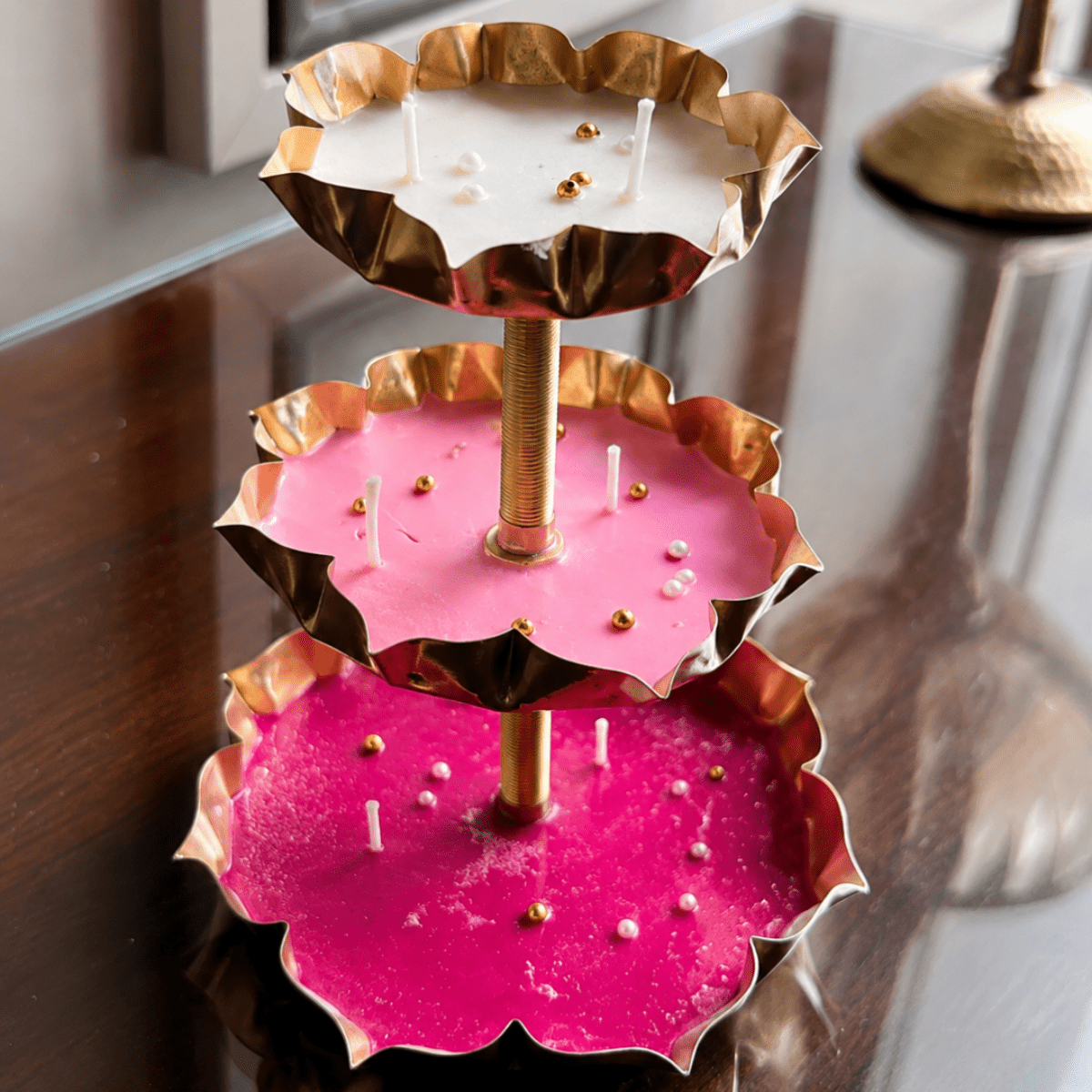Triple Radiance 3-Tier Urli Candle | Pearl Detail Festive Candle – Candles & Fragrances on Brown Living™. SKU: D-412. Img 4.