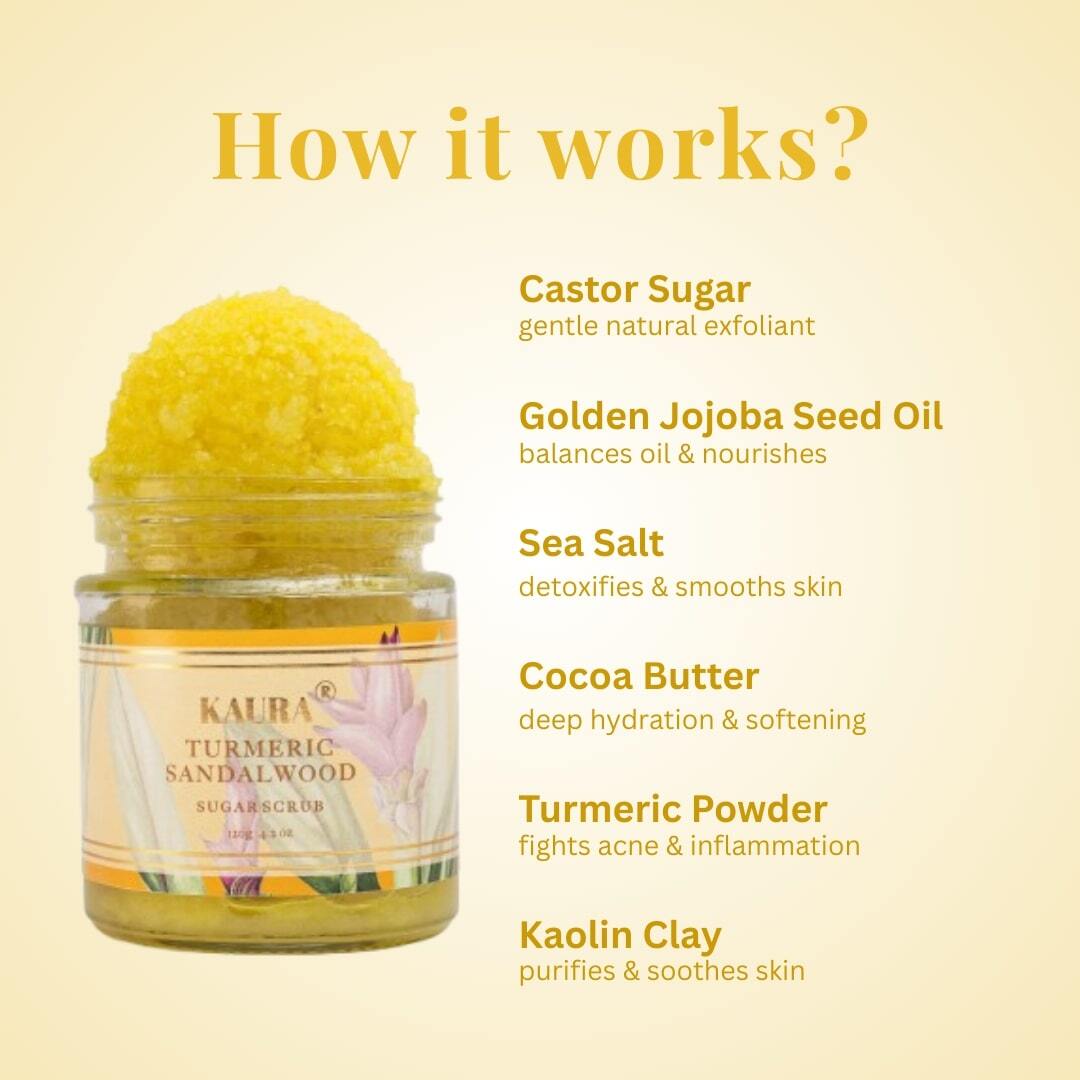 Turmeric & Sandalwood Sugar Scrub for Glowing Skin | 120g – Body Scrub by Kaura available on Brown Living™. . SKU: KI302. Img 3.