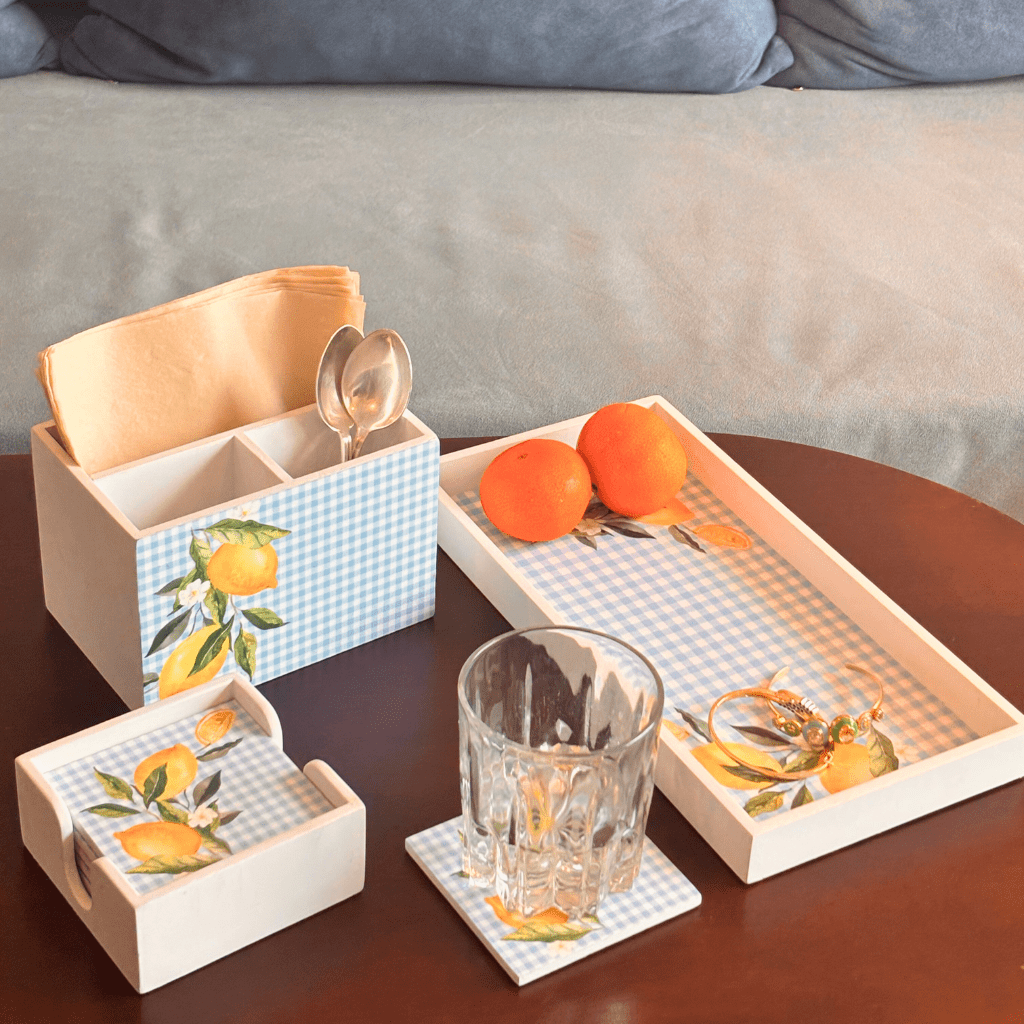 Tuscan Citrus Coasters Vibrant Drink Coasters Set – Coasters on Brown Living™. SKU: TLD-BL-10. Img 2.