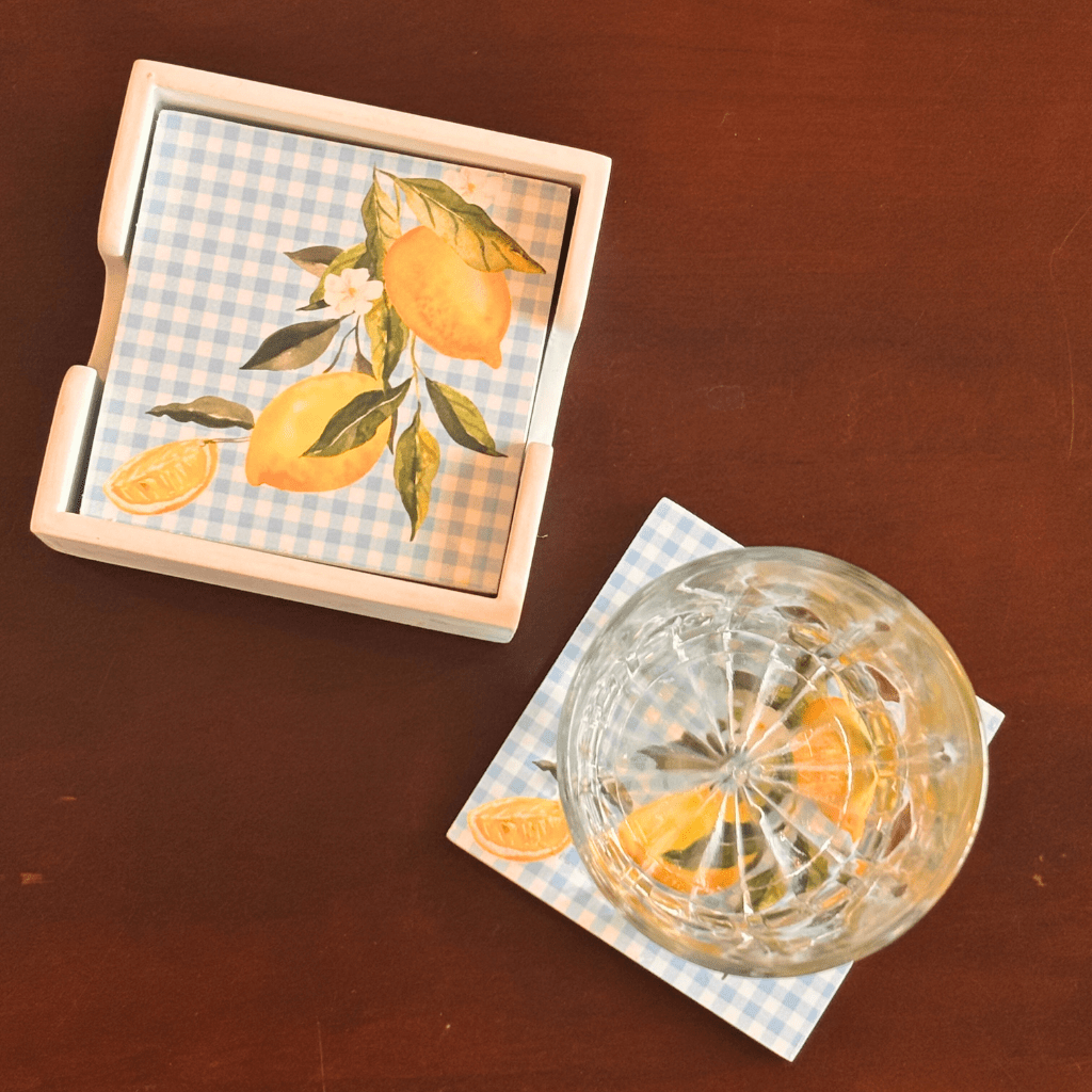 Tuscan Citrus Coasters Vibrant Drink Coasters Set – Coasters on Brown Living™. SKU: TLD-BL-10. Img 1.