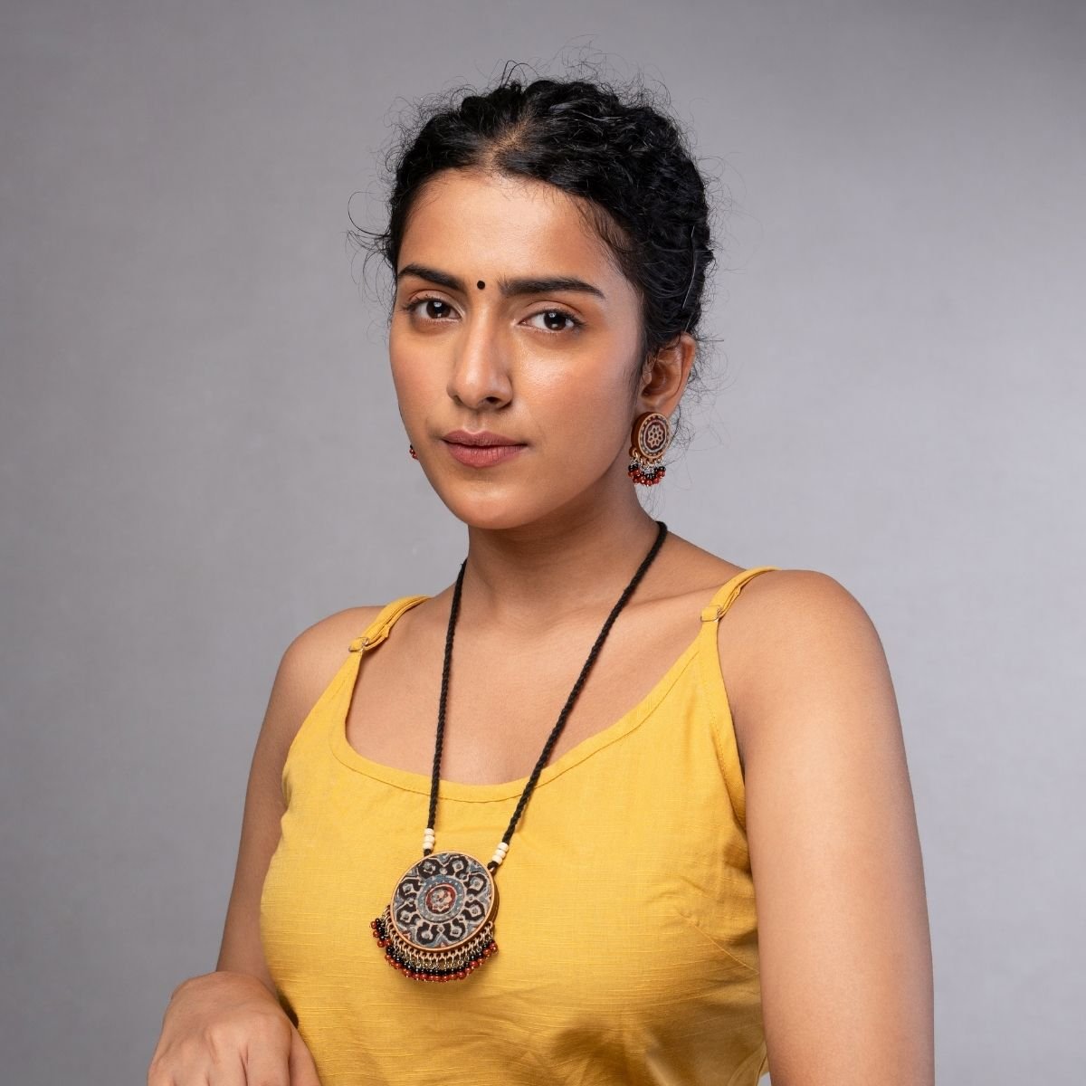 Two in One Repurposed Fabric & Wood Pendant Earrings Set – Womens Earrings on Brown Living™. SKU: JCC035. Img 2.