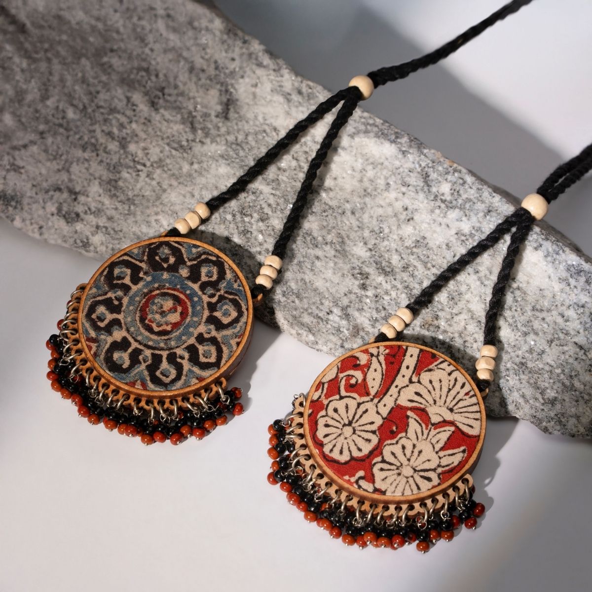 Two in One Repurposed Fabric & Wood Pendant Earrings Set – Womens Earrings on Brown Living™. SKU: JCC035. Img 4.