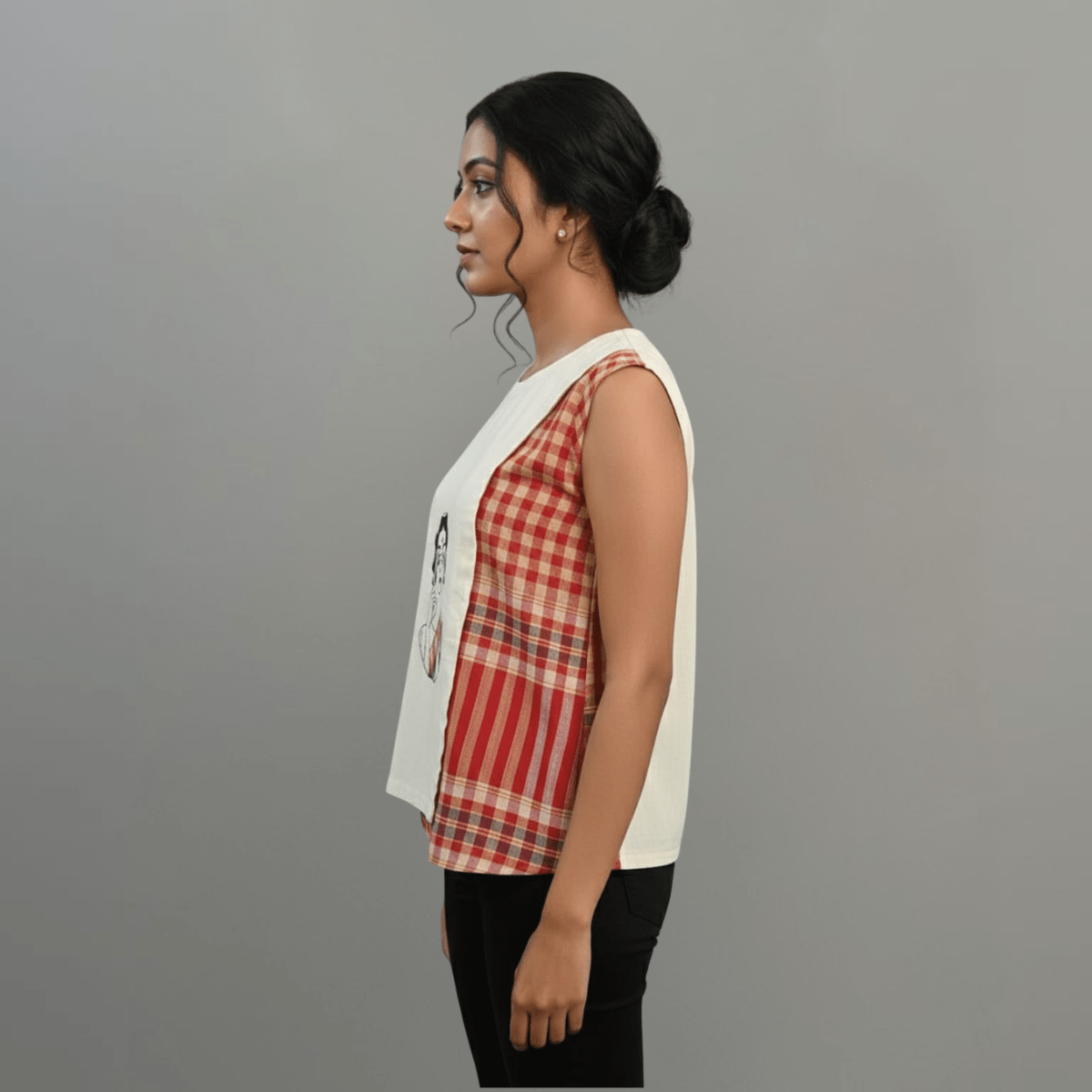 Unbleached Cotton & Gamcha Sleeveless Top — Hand - Painted Charulata – Womens Top on Brown Living™. SKU: ASMC. Img 2.