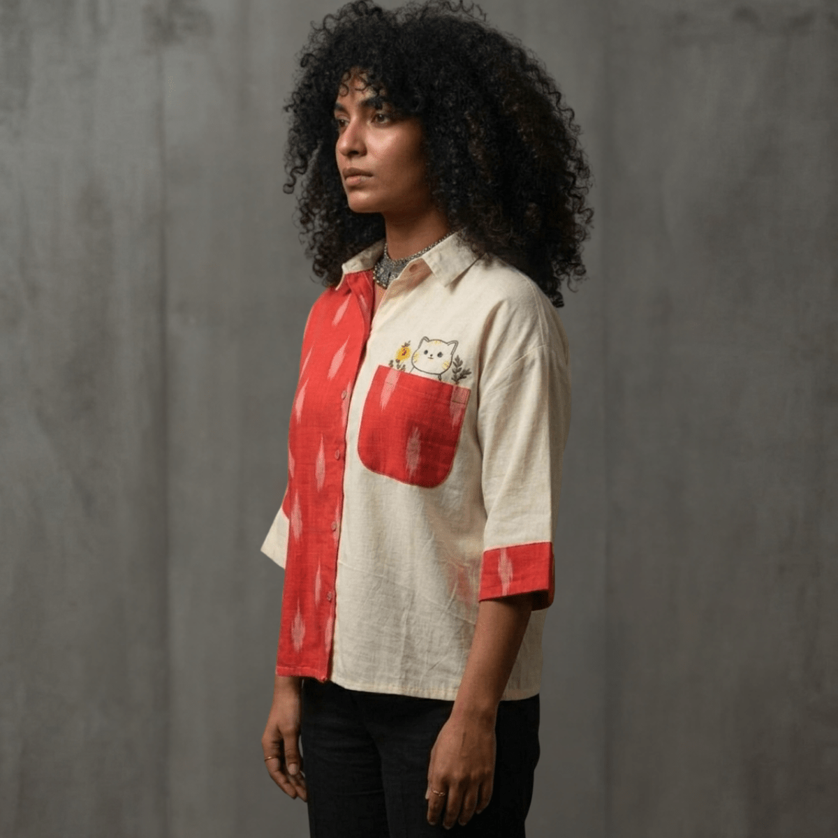 Unbleached Cotton Ikat Anti - Fit Shirt with Embroidered Cat – Womens Top on Brown Living™. SKU: AS-MCI-EC. Img 2.