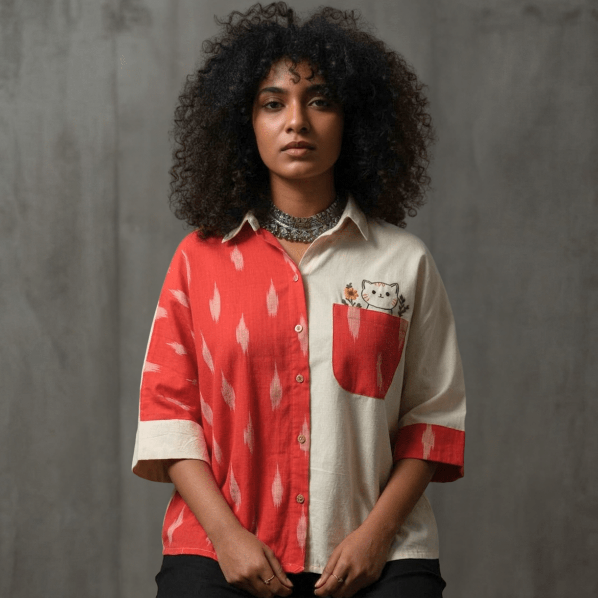 Unbleached Cotton Ikat Anti - Fit Shirt with Embroidered Cat – Womens Top on Brown Living™. SKU: AS-MCI-EC. Img 3.