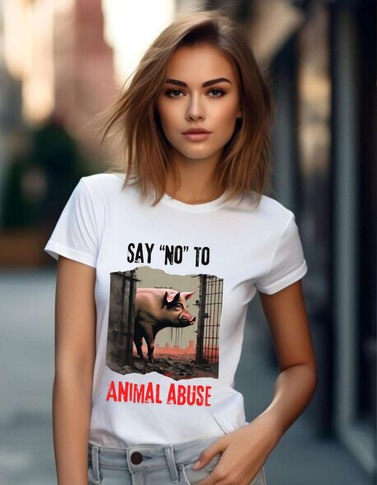 Unisex Cotton T-Shirt | Ethical Vegan Graphic Tee – Mens T-Shirt on Brown Living™. SKU: N-say-no-to-animal-abuse-White-S. Img 1.