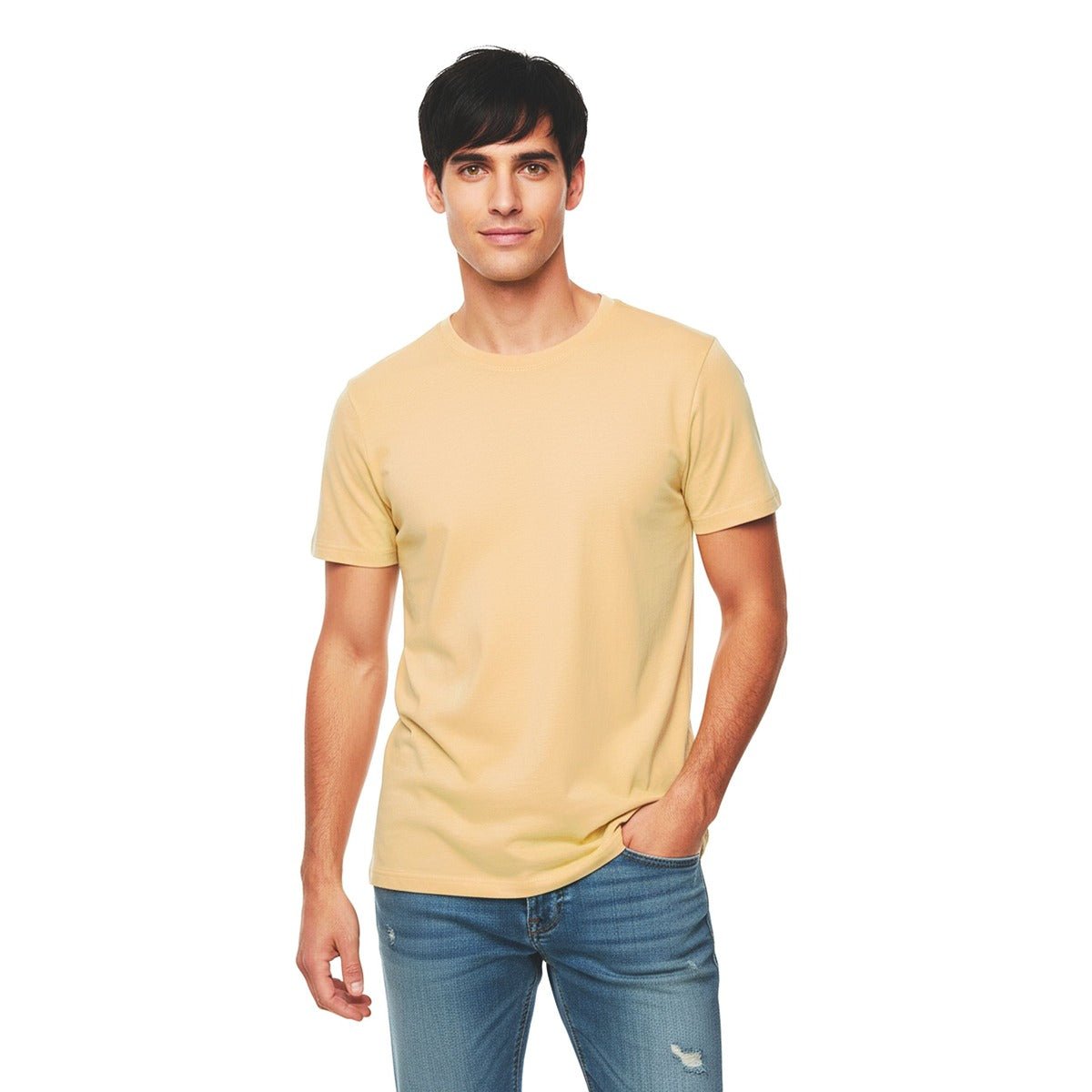 Unisex Natural Dye Solid Tee Harvest Yellow Cotton T-Shirt – Womens T-Shirt on Brown Living™. SKU: UTP-N25101-S-HRYL. Img 3.