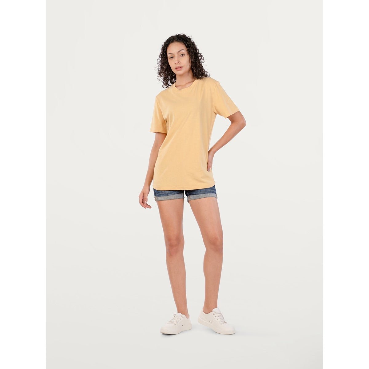Unisex Natural Dye Solid Tee Harvest Yellow Cotton T-Shirt – Mens T-Shirt on Brown Living™. SKU: UTP-N25101-S-HRYL. Img 4.