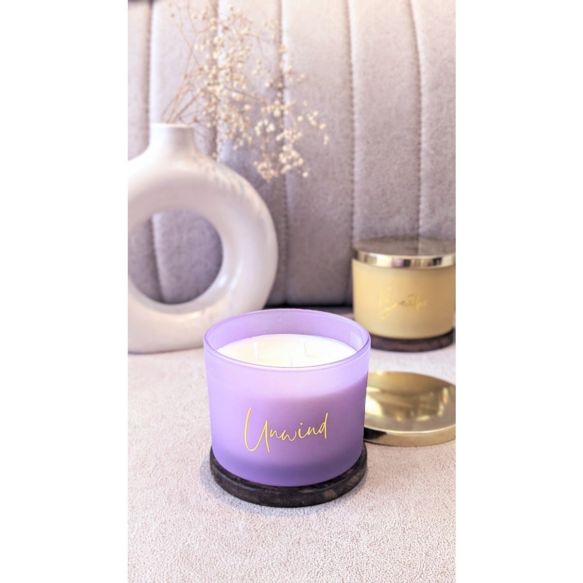 Unwind Aroma Candle | Handcrafted Soy Wax Candle for Relaxation – Candles & Fragrances on Brown Living™. SKU: SSAS-157LAVR. Img 3.