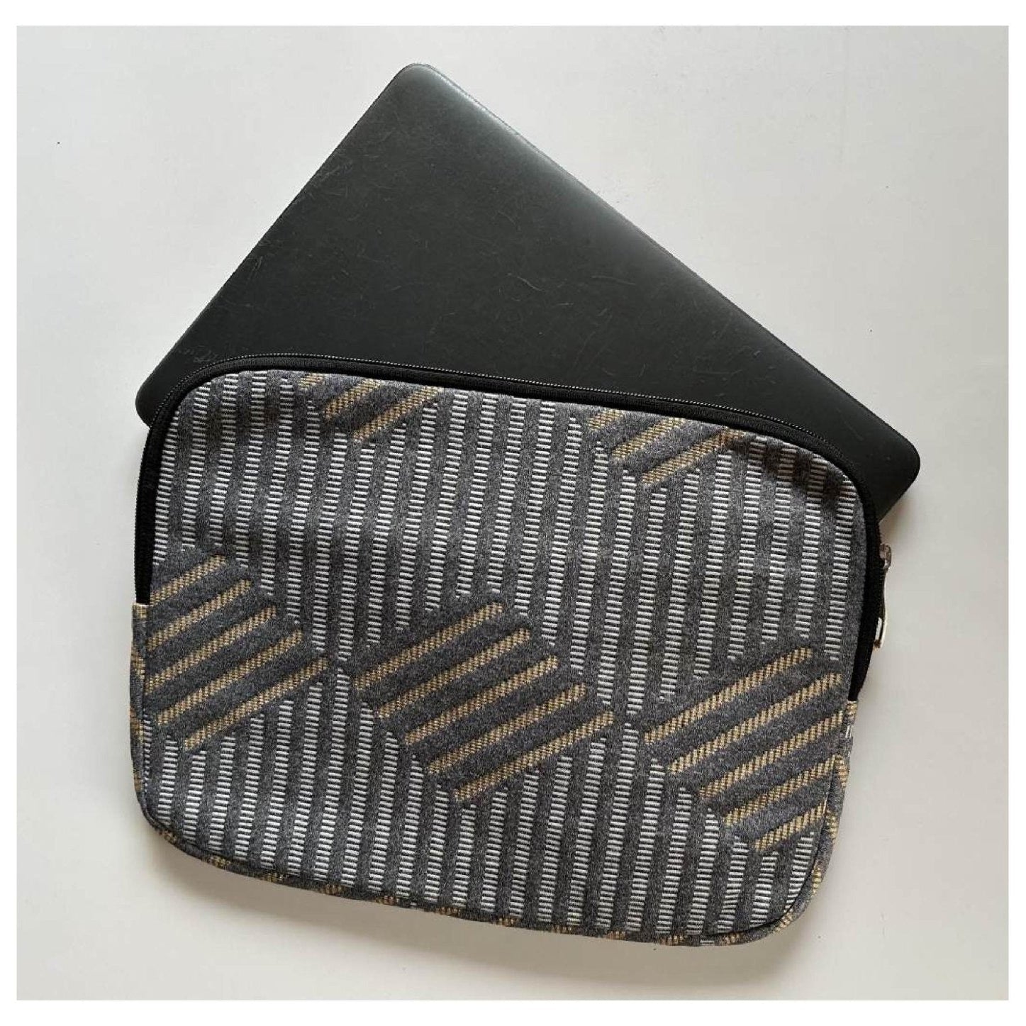 Upcycled Cloth & PU Leather Laptop Sleeve – 13 Inch |Handcrafted Cover – Laptop Sleeve on Brown Living™. SKU: BLIAGR. Img 3.