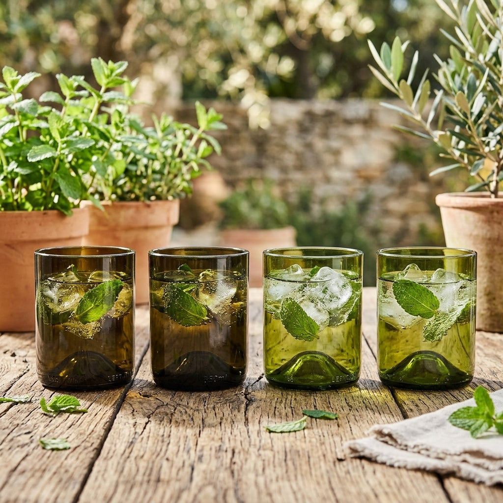 Upcycled Drinking Glasses Set of 4 (250ml) | Eco Friendly Glassware – Glasses & Tumblers on Brown Living™. SKU: WDG02. Img 1.