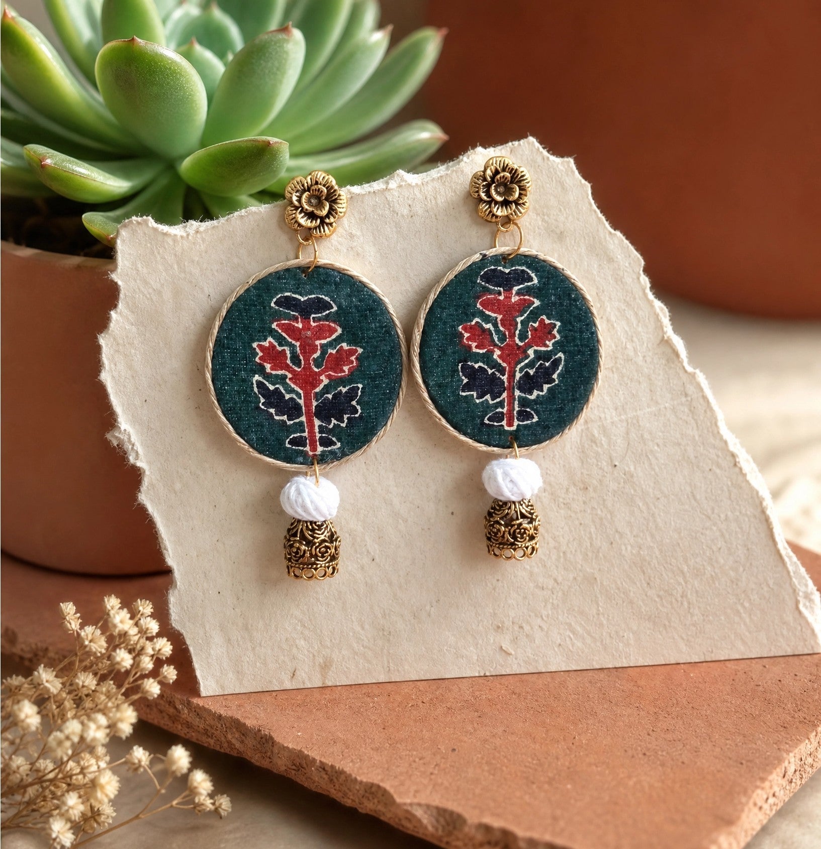 Upcycled Handmade Textile Earrings | Juhu Statement Earrings – Womens Earrings on Brown Living™. SKU: KE13. Img 1.