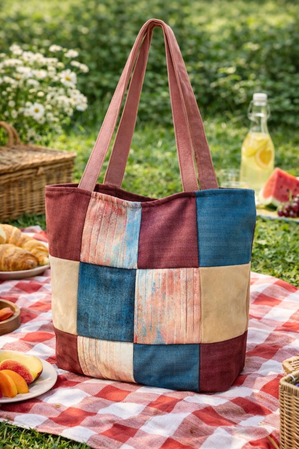Upcycled Patchwork Shopping Bags Reusable Cloth Tote – Handbags on Brown Living™. SKU: IUCSB-02. Img 2.