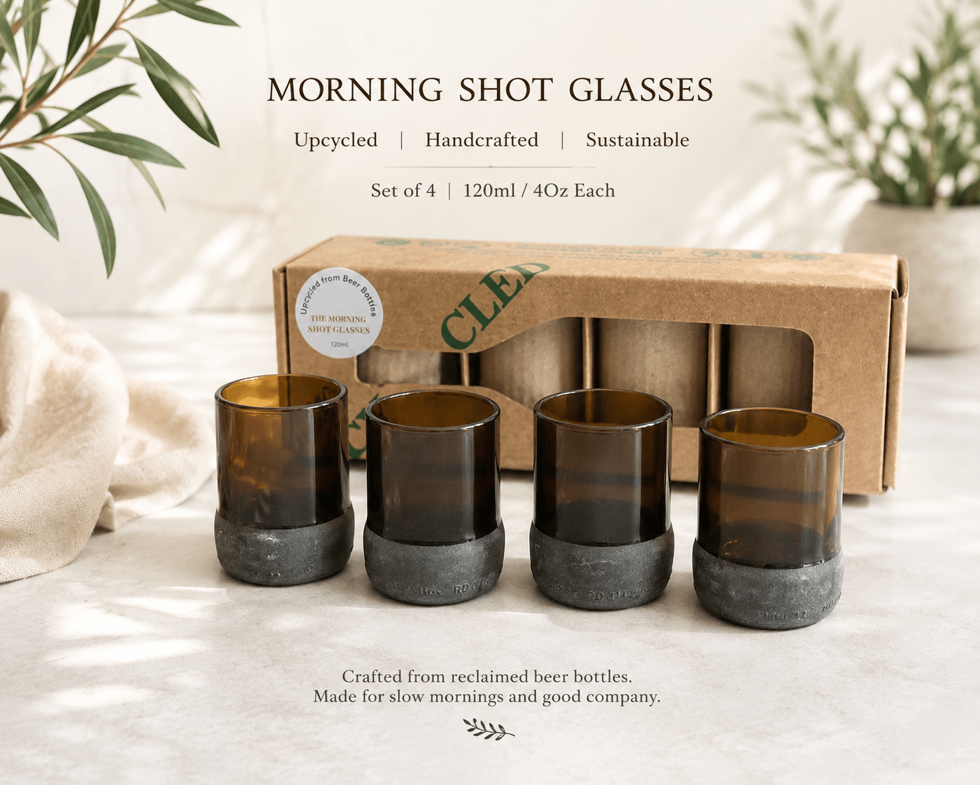 Upcycled Shot Glasses Set of 4 (120ml) | Eco Friendly Drinking Glasses – Glasses & Tumblers on Brown Living™. SKU: MSG01. Img 1.