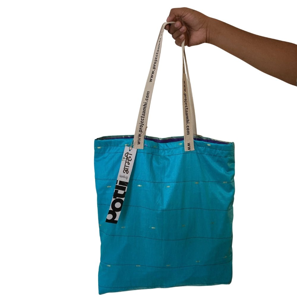 Upcycled Tote Bag Sustainable Reusable Carry Bag – Tote Bag on Brown Living™. SKU: ASWMTIFBLU. Img 9.