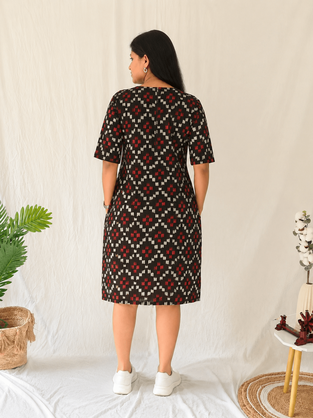 Ved Black Ikkat Shift Dress – Handwoven Cotton Ethnic Dress – Womens Dress on Brown Living™. SKU: JUL25-BID-EDJJ-PW-1. Img 3.