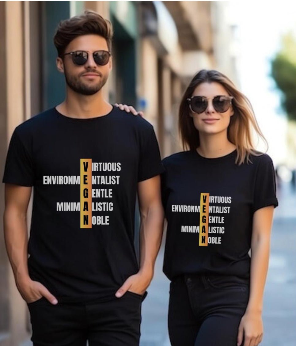Vegan Minimalist Unisex Cotton T-Shirt | Relaxed Fit Graphic Tee – Mens T-Shirt on Brown Living™. SKU: N-vegan-minimalistic-Black-S. Img 1.