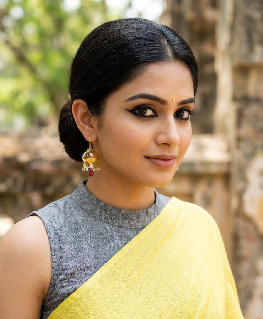 Verdant Bloom Yellow Glass Jhumka | Handcrafted Floral Earrings – Womens Earrings on Brown Living™. SKU: SAR1014. Img 1.