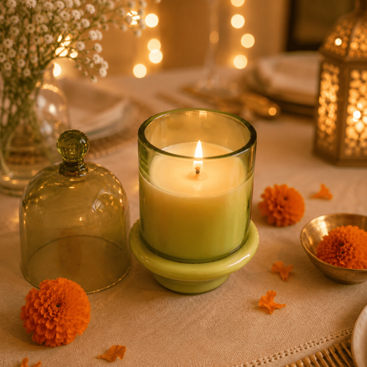 Verdant Glow Green Glass Jar Candle | Oudh Soy Wax Candle – Candles & Fragrances on Brown Living™. SKU: D-407. Img 5.