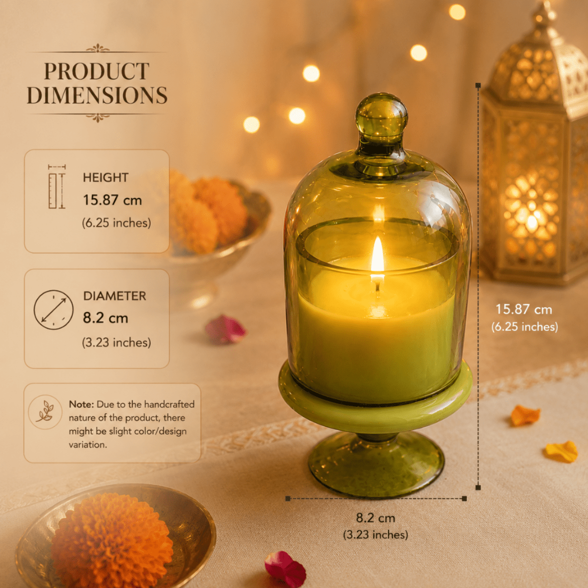 Verdant Glow Green Glass Jar Candle | Oudh Soy Wax Candle – Candles & Fragrances on Brown Living™. SKU: D-407. Img 2.