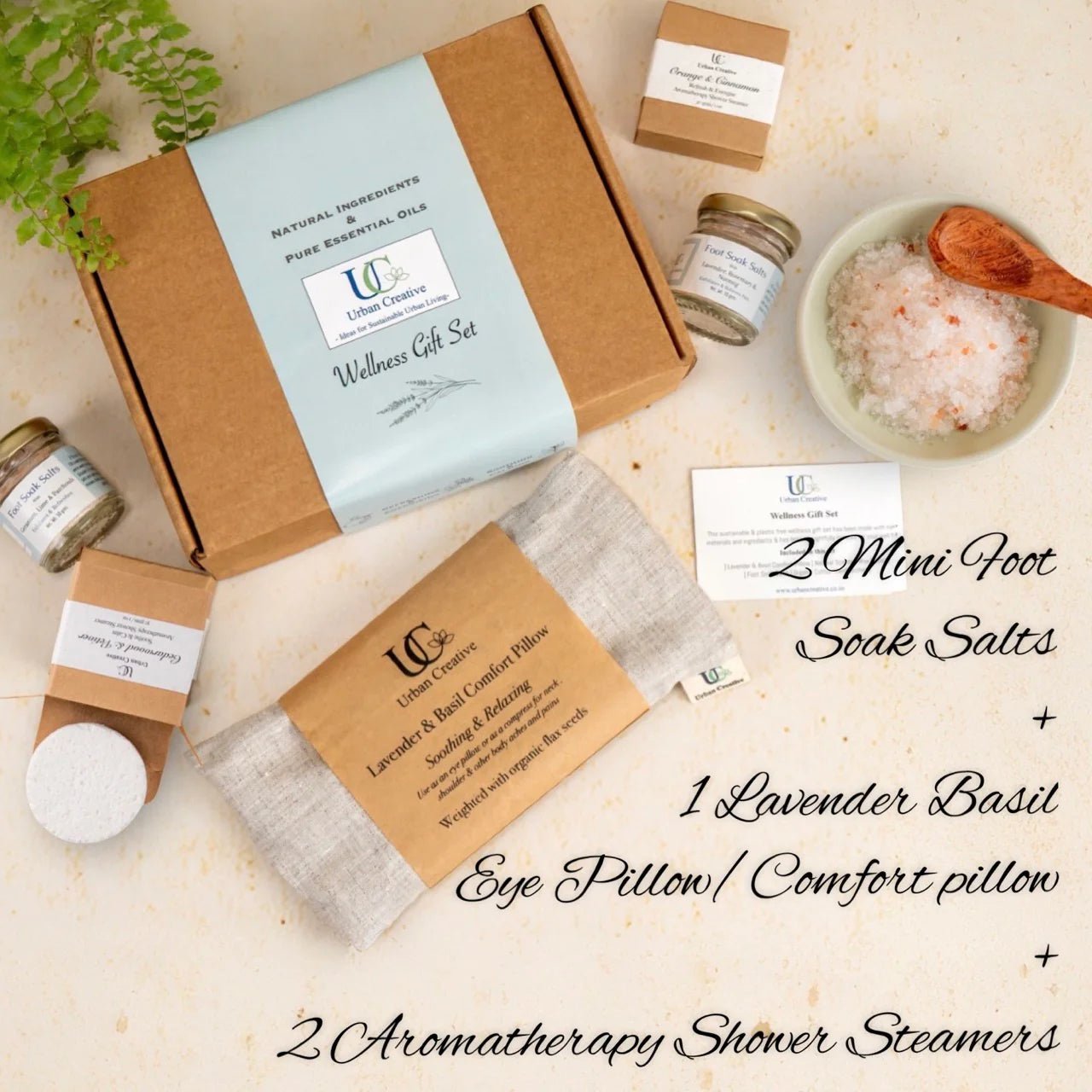 Wellness Gift Set – Eye Pillow, Foot Soak & Steamers – Gift on Brown Living™. SKU: WGS-LP-2FS-2SS. Img 1.