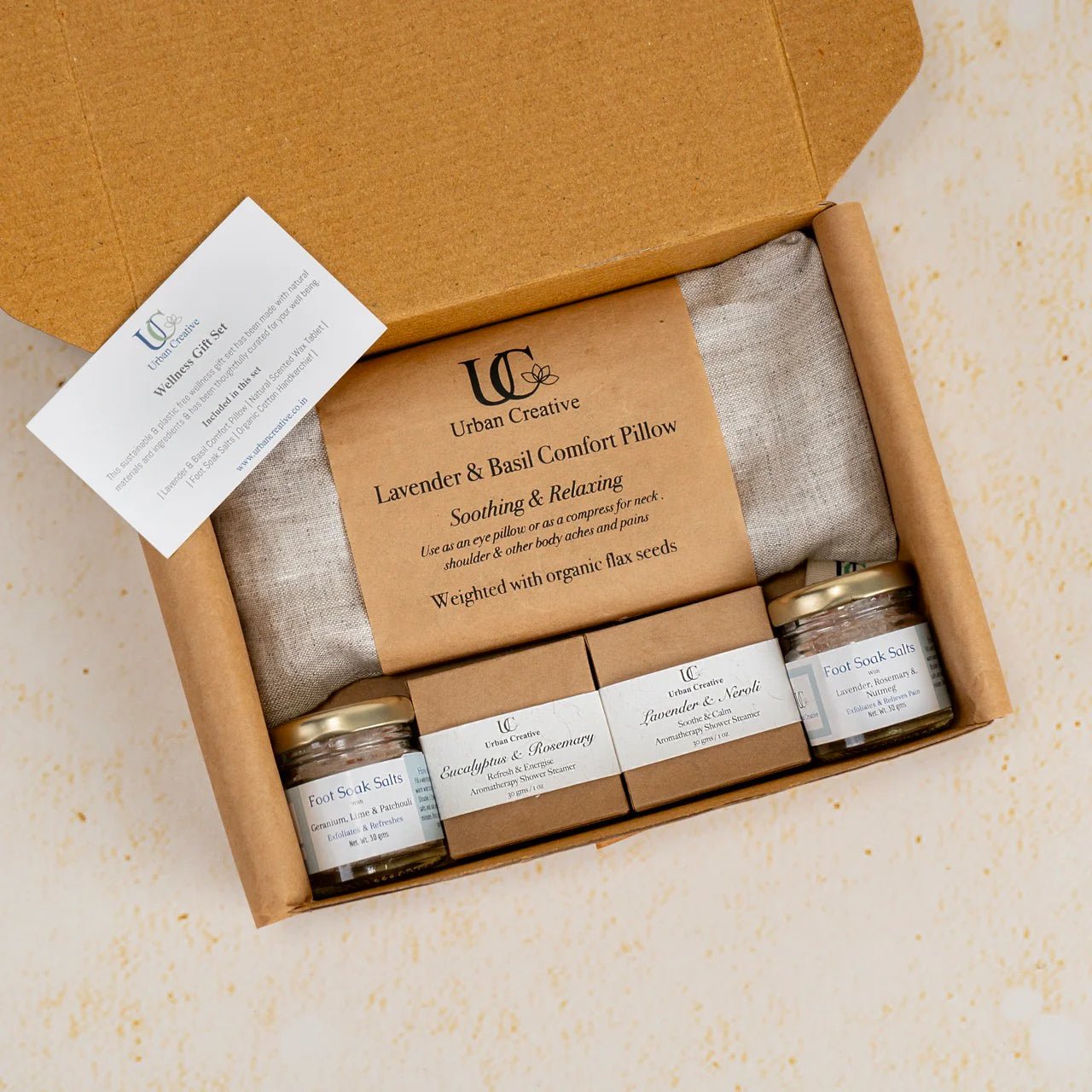 Wellness Gift Set – Eye Pillow, Foot Soak & Steamers – Gift on Brown Living™. SKU: WGS-LP-2FS-2SS. Img 2.