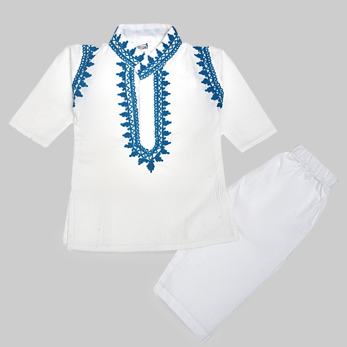 White Cotton Baby Boy Kurta Pajama Set with Kashmiri Ari Embroidery – Kids Ethnic Sets by Stotra available on Brown Living™. Large (6 - 12 M) Turquoise. SKU: T01 - L. Img 2.
