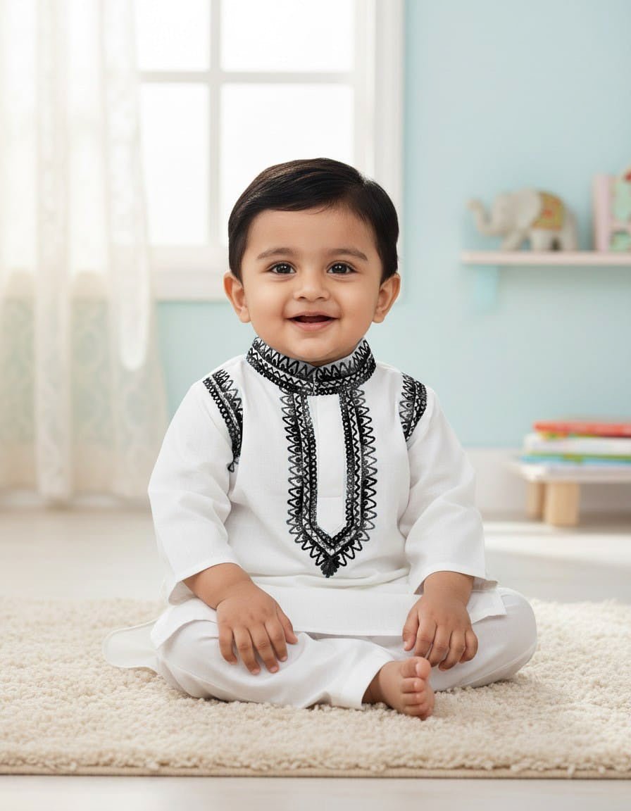 White Cotton Baby Boy Kurta Pajama Set with Kashmiri Ari Embroidery – Kids Ethnic Sets on Brown Living™. SKU: T01-XL. Img 1.