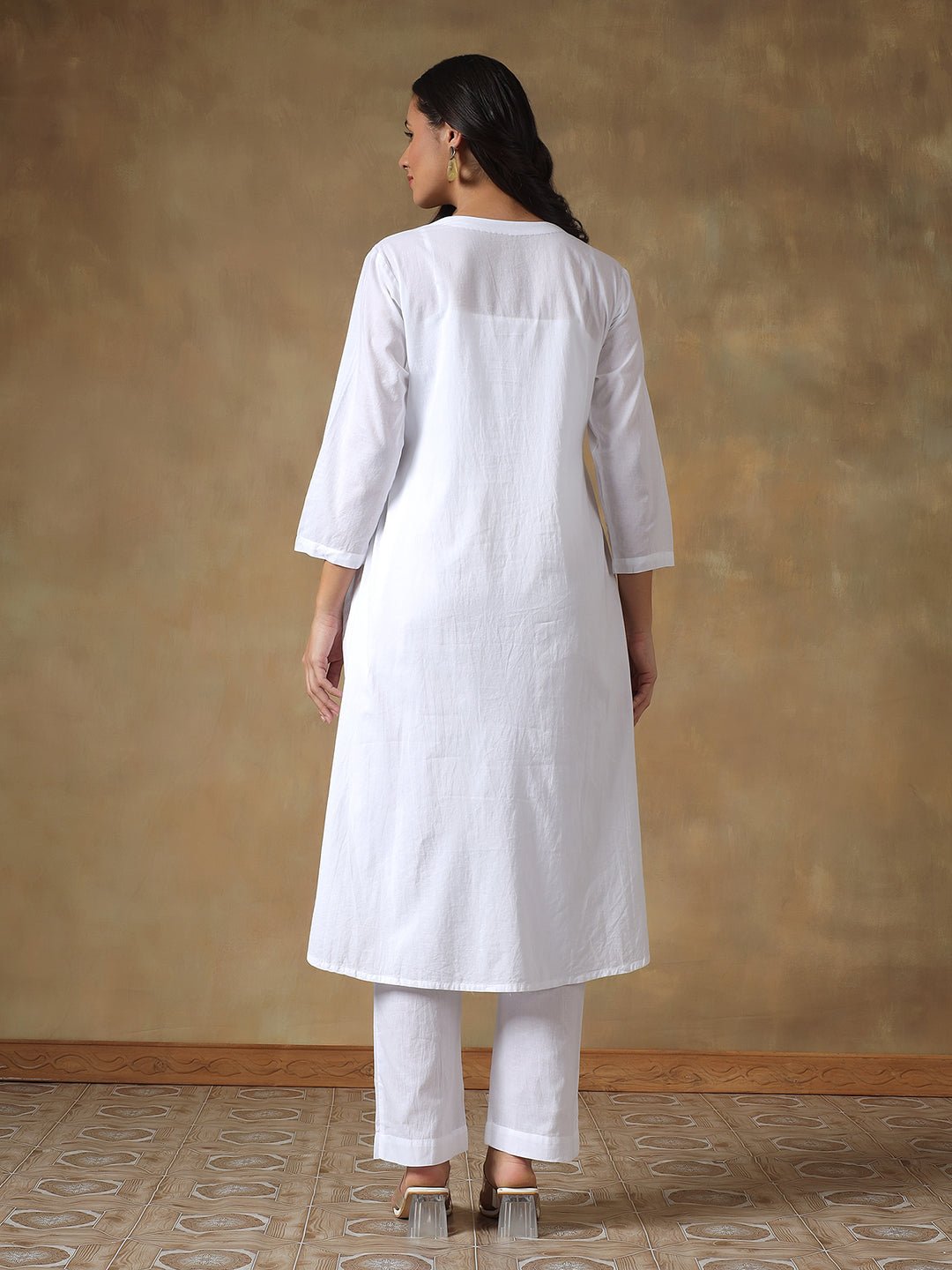 White Cotton Lucknowi Chikankari Kurta - Pant Set – Womens Kurta on Brown Living™. SKU: IHANKPS01SW. Img 6.