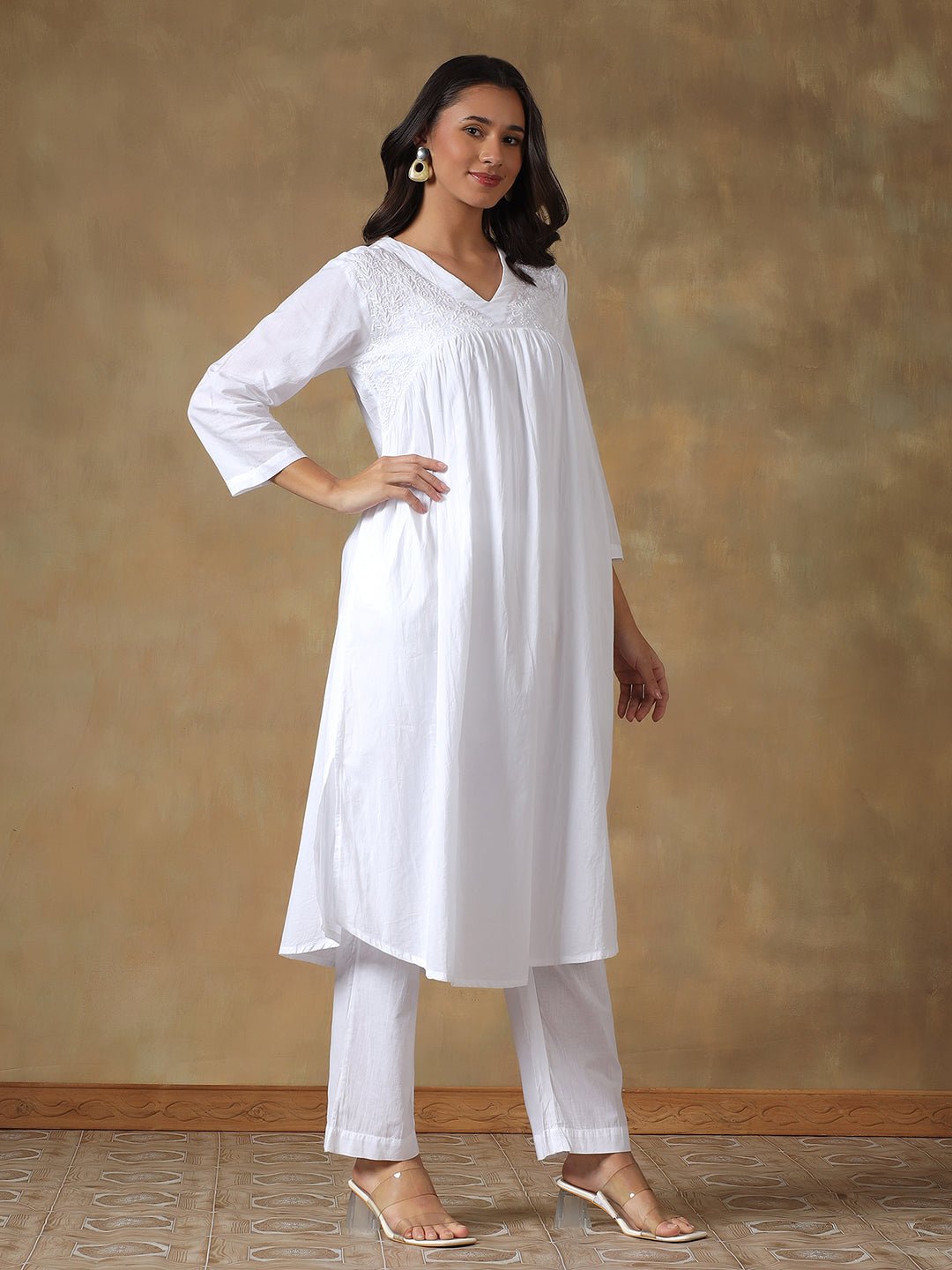White Cotton Lucknowi Chikankari Kurta - Pant Set – Womens Kurta on Brown Living™. SKU: IHANKPS01SW. Img 4.