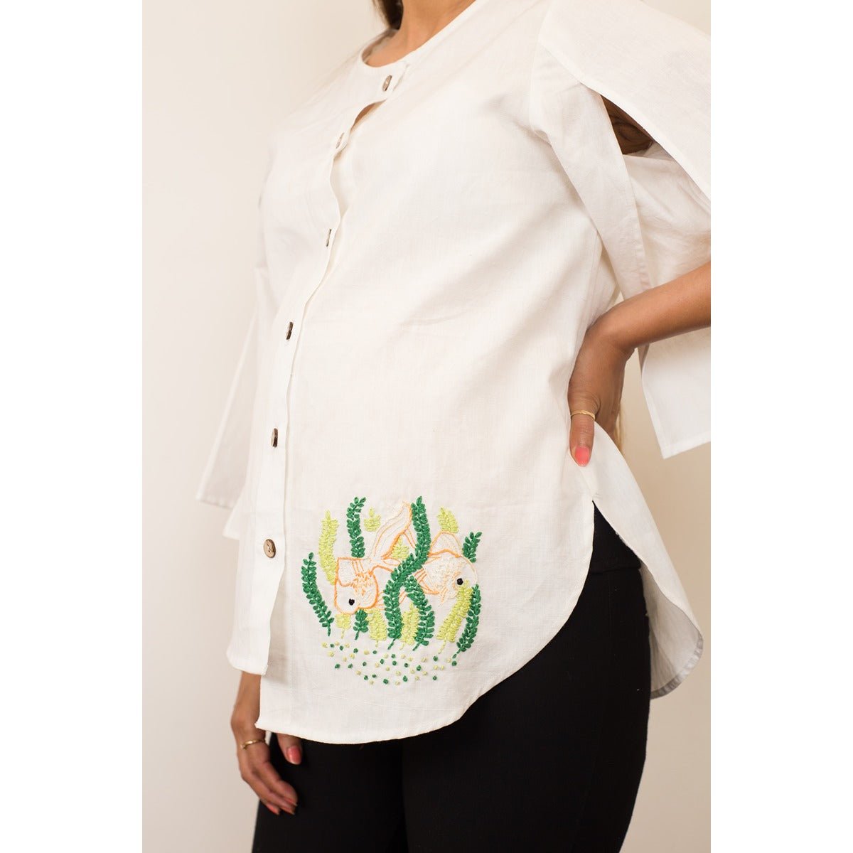 White Flashy Fern Buttoned Cotton Maternity Top for Women – Womens Maternity Wear on Brown Living™. SKU: MCBL134. Img 2.