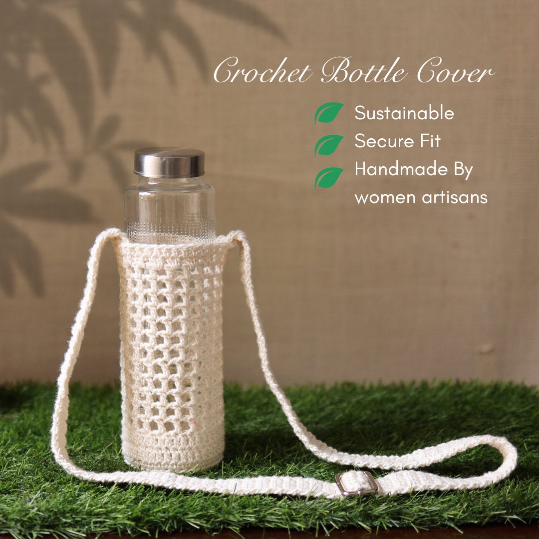 White Handmade Crochet Sling Bottle Cover – Bottles & Sippers by Sarmaya available on Brown Living™. . SKU: SAR109. Img 4.