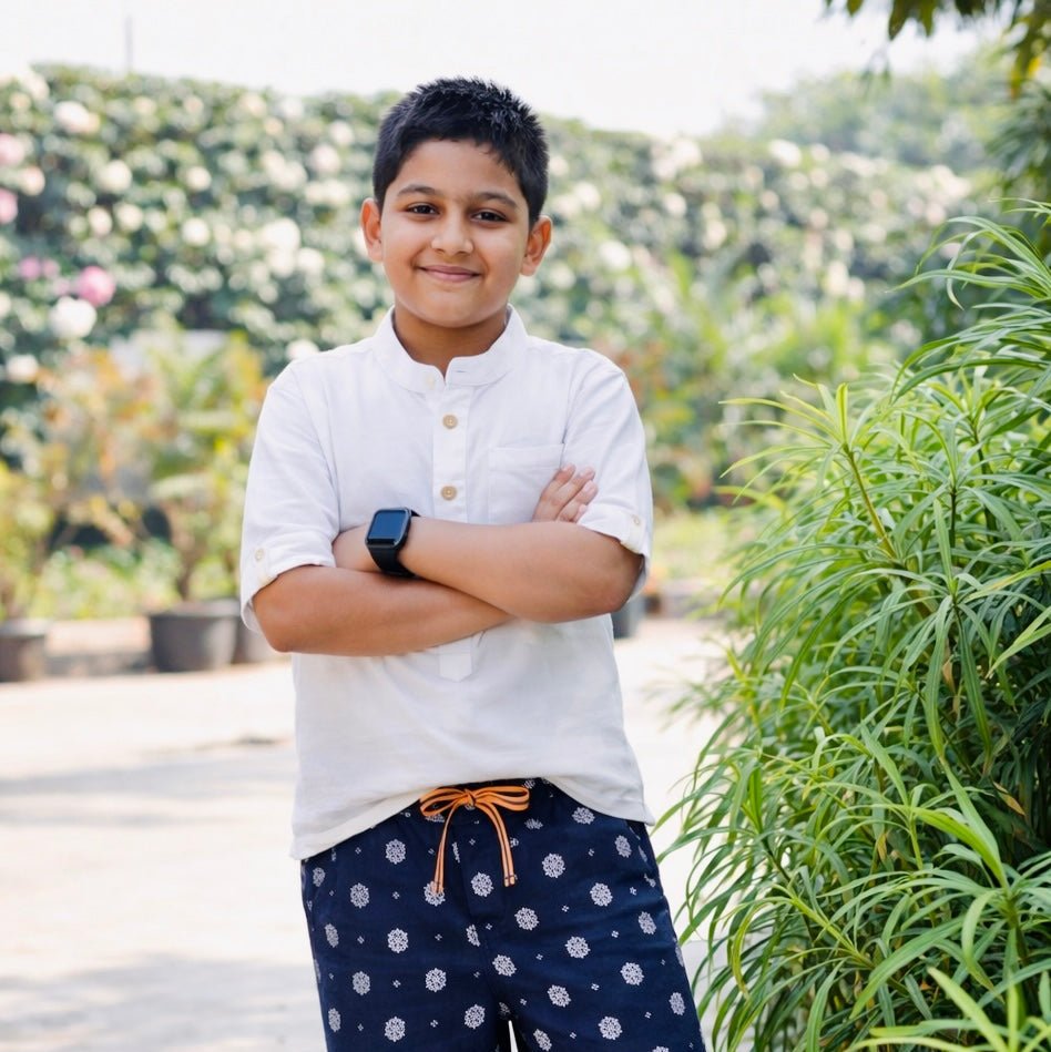 White Linen Chinese Collar Shirt | Breathable Minimal Kids Wear – Kids Shirts on Brown Living™. SKU: PB245_1. Img 1.