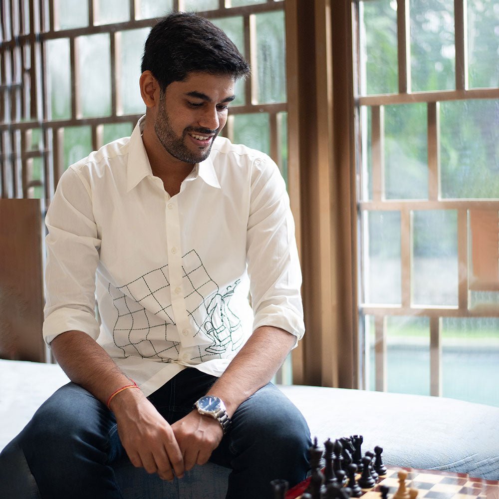White Organic Cotton Shirt with Chess Embroidery – Men Shirt on Brown Living™. SKU: NANMS001EMB051 - S39. Img 5.