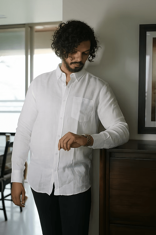 White Pure Linen Long - Sleeve Shirt | Lightweight & Breathable – Men Shirt on Brown Living™. SKU: ANTPLLSSWM. Img 1.