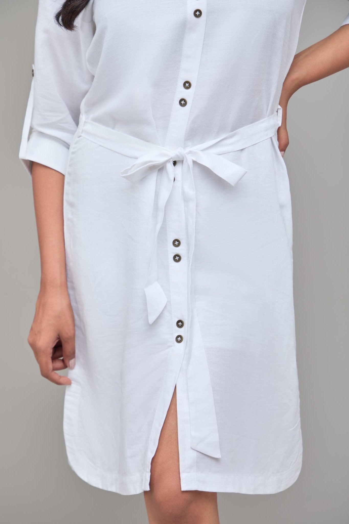 White Three Quarter Sleeve Hemp Shirt Dress For Women – Womens Dress on Brown Living™. SKU: GD07-WHITE-S. Img 4.