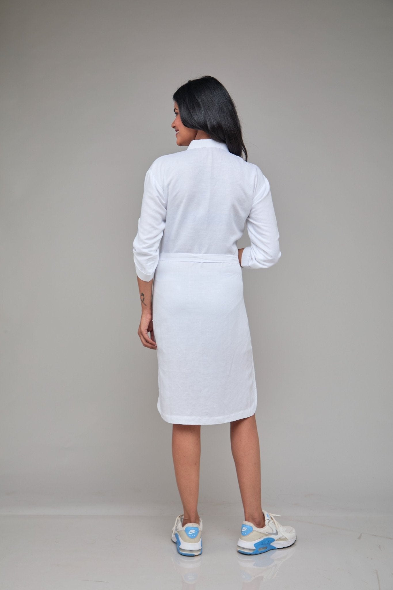 White Three Quarter Sleeve Hemp Shirt Dress For Women – Womens Dress on Brown Living™. SKU: GD07-WHITE-S. Img 3.