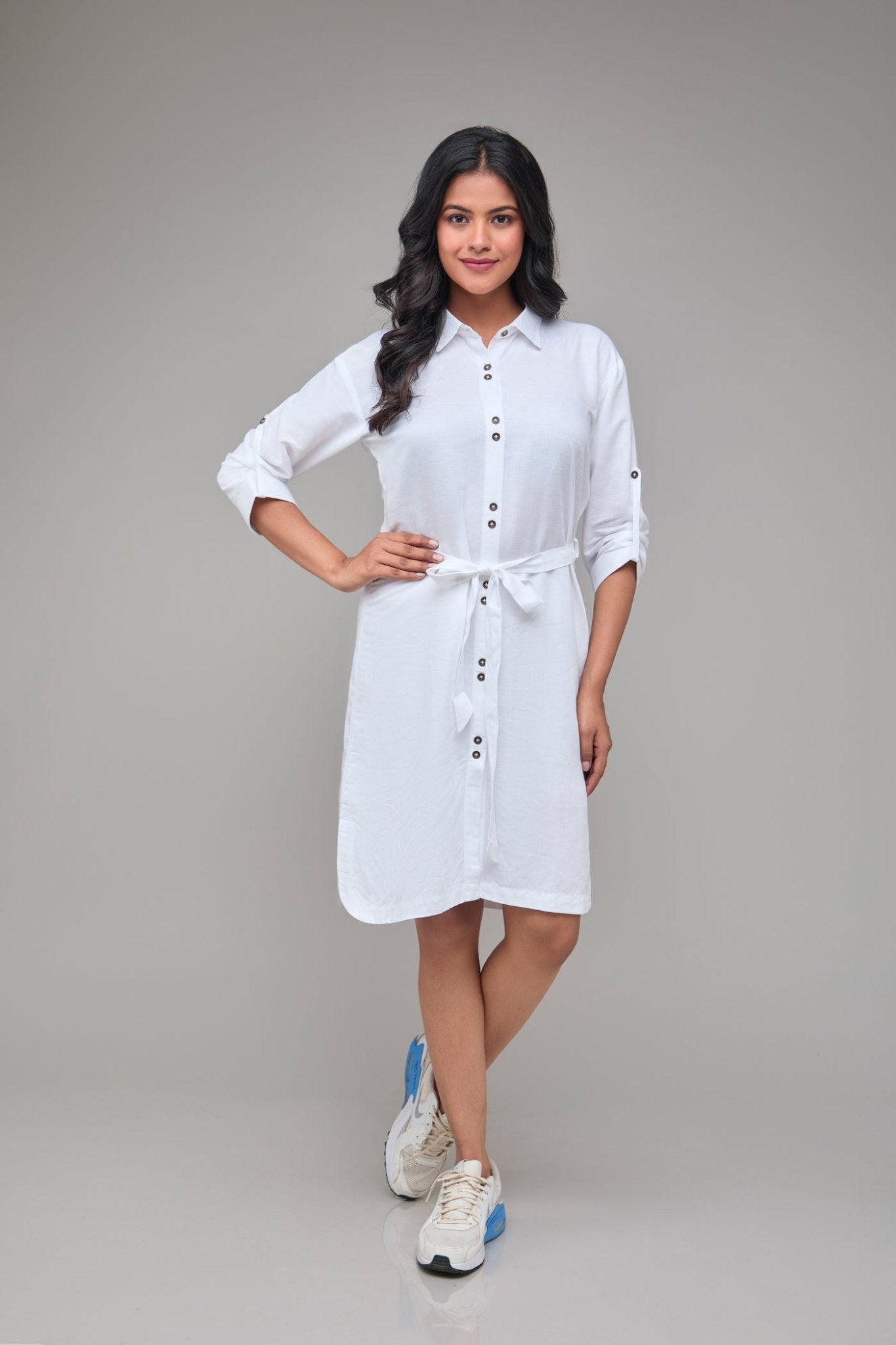 White Three Quarter Sleeve Hemp Shirt Dress For Women – Womens Dress on Brown Living™. SKU: GD07-WHITE-S. Img 1.