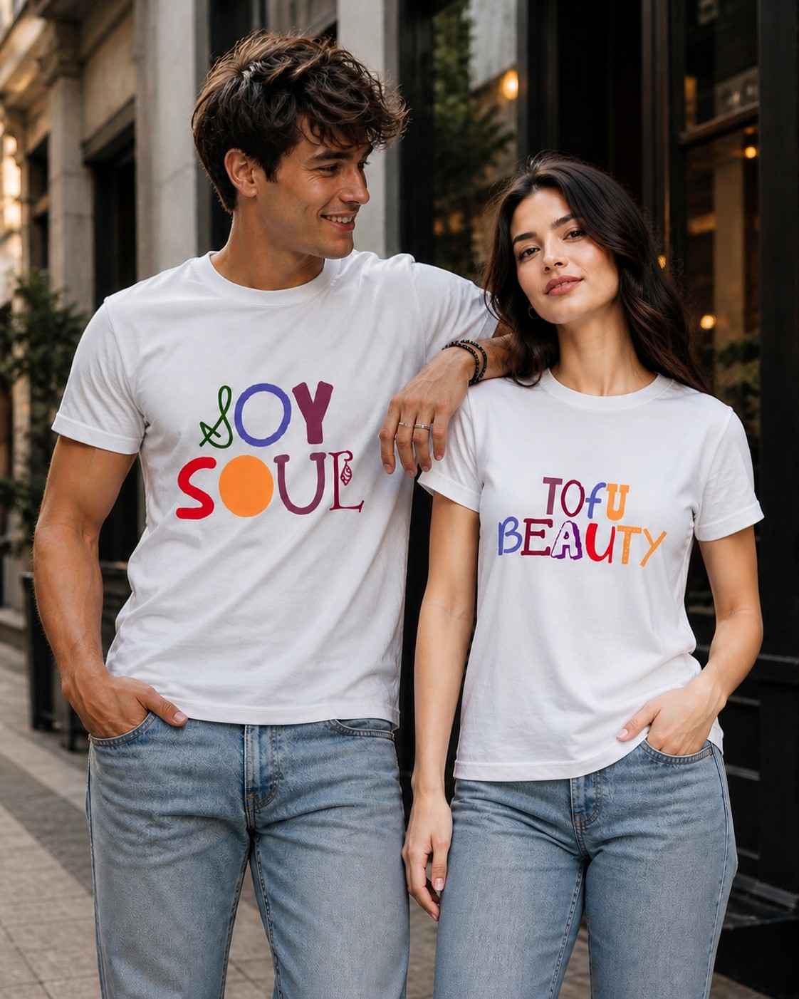 White Unisex Cotton T-Shirt | Relaxed Fit Vegan Graphic Tee – Mens T-Shirt on Brown Living™. SKU: MJS-S. Img 1.