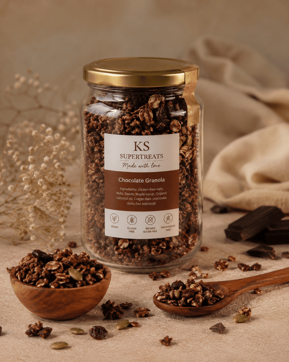 Wholesome Chocolate Granola | Vegan, Gluten-Free & Refined Sugar-Free – Cereal & Meusli on Brown Living™. SKU: CGR. Img 1.