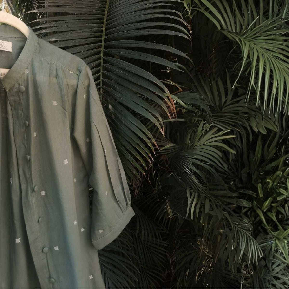 Willow Long Shirt in Jamdani Cotton Olive Green – Womens Jacket on Brown Living™. SKU: JDS6022-XS. Img 3.