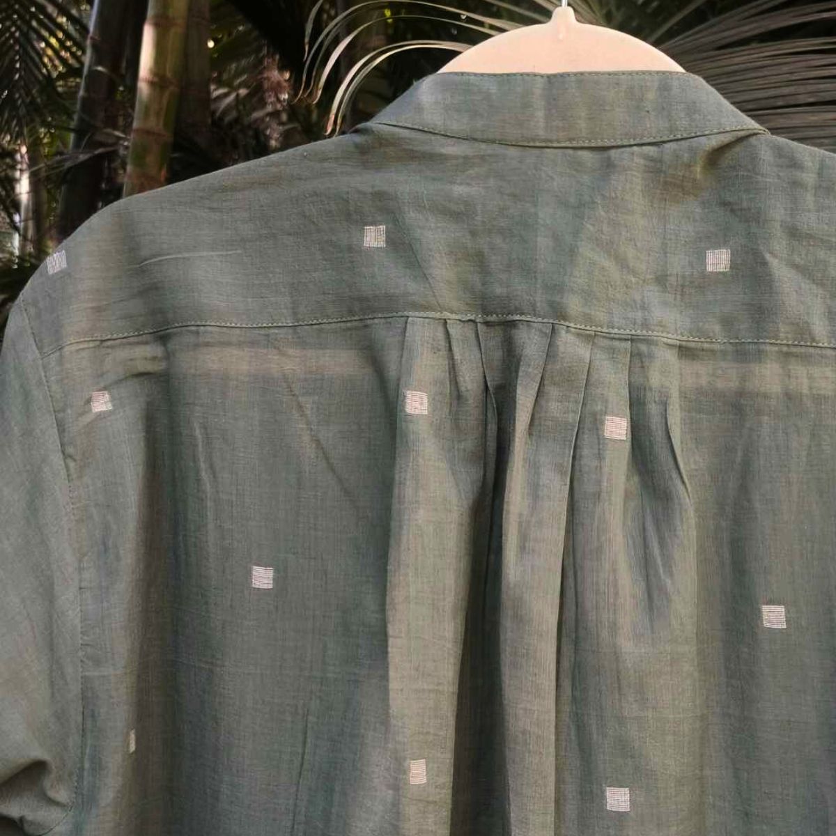 Willow Long Shirt in Jamdani Cotton Olive Green – Womens Jacket on Brown Living™. SKU: JDS6022-XS. Img 4.