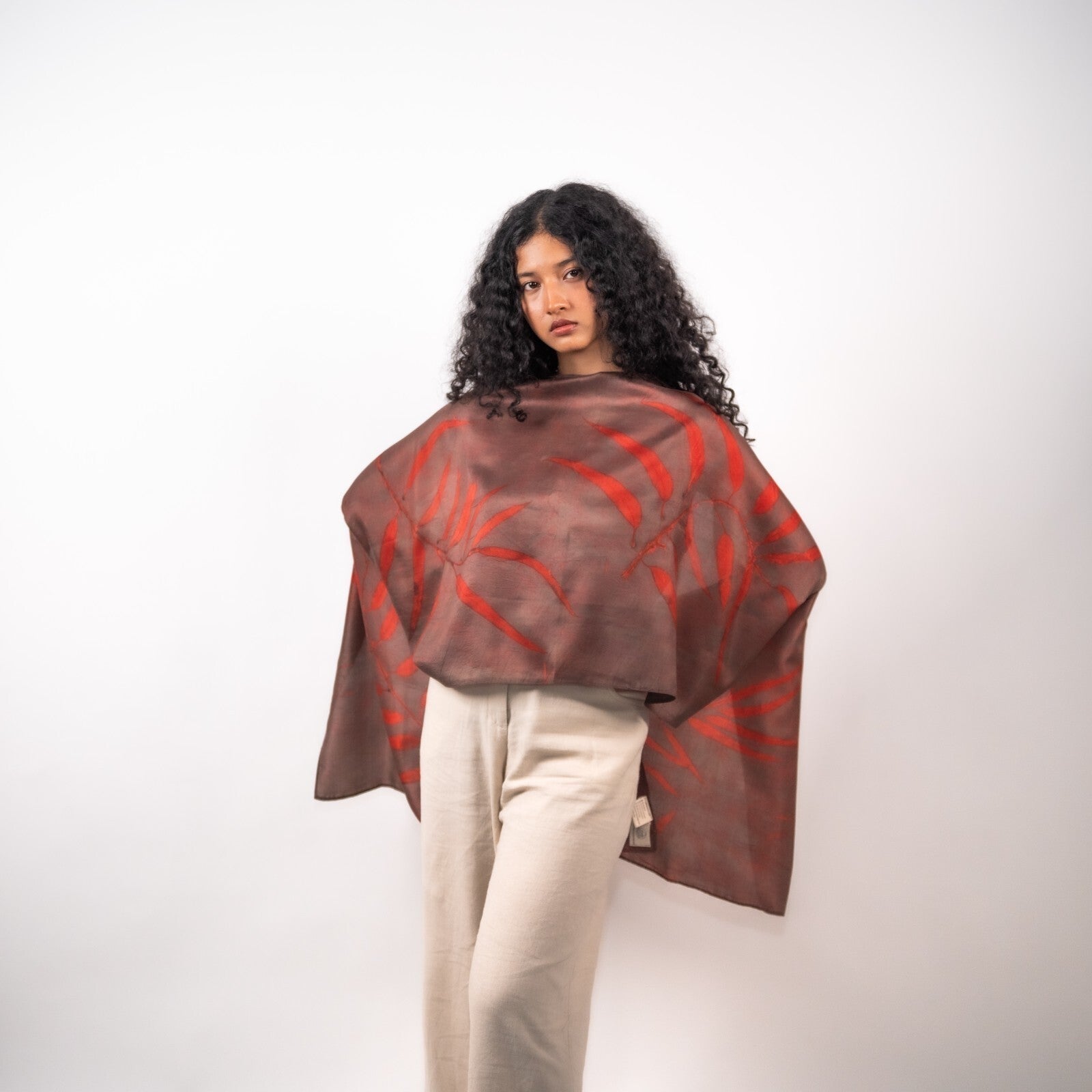 Wine Eucalyptus Silk Scarf – Handcrafted Natural Silk Stole – Womens Scarf on Brown Living™. SKU: scarfwine. Img 1.
